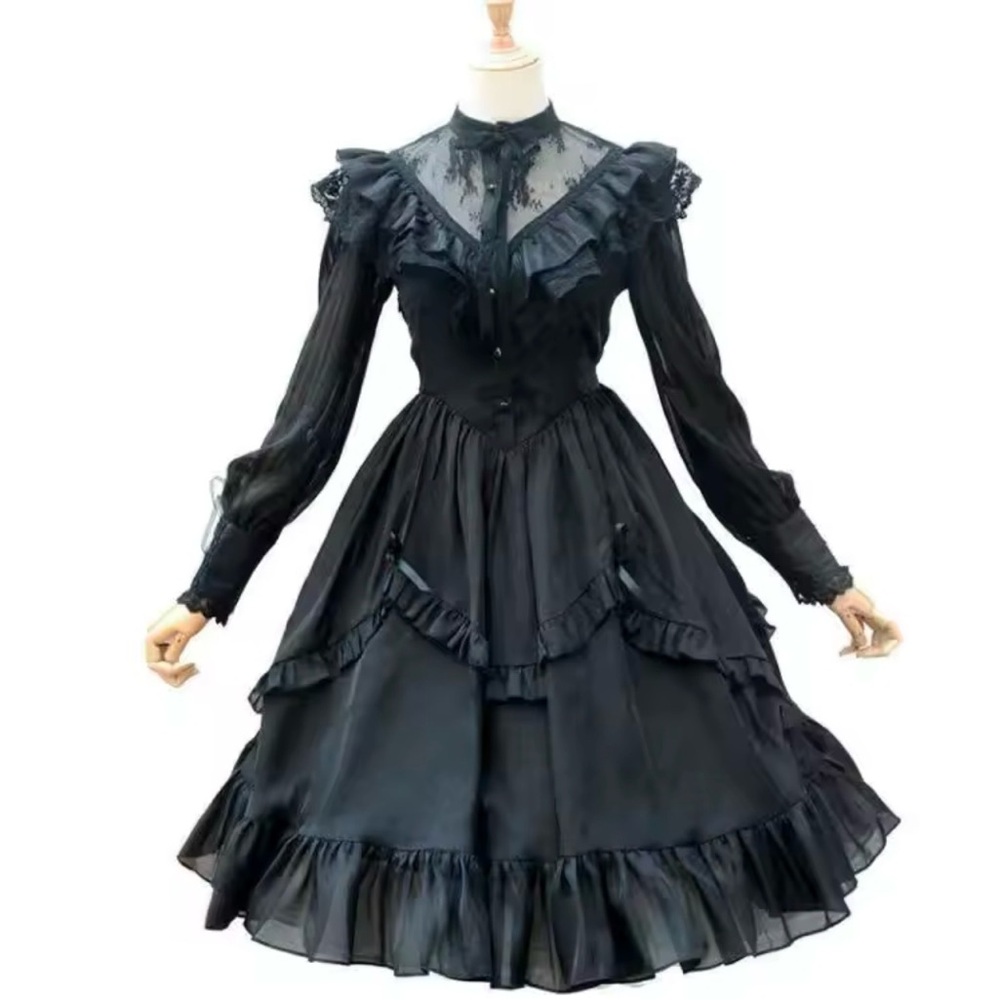 Black Lolita | Goth Dress | Bow Lace Ruffle | Victorian Wedding Medium